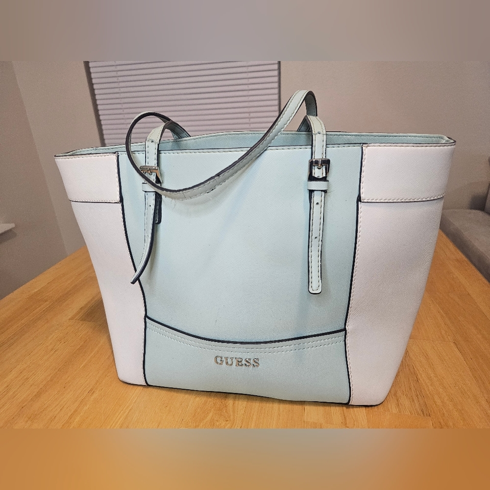 Guess Vintage Style Large Teal Blue White Tote Handbag Purse